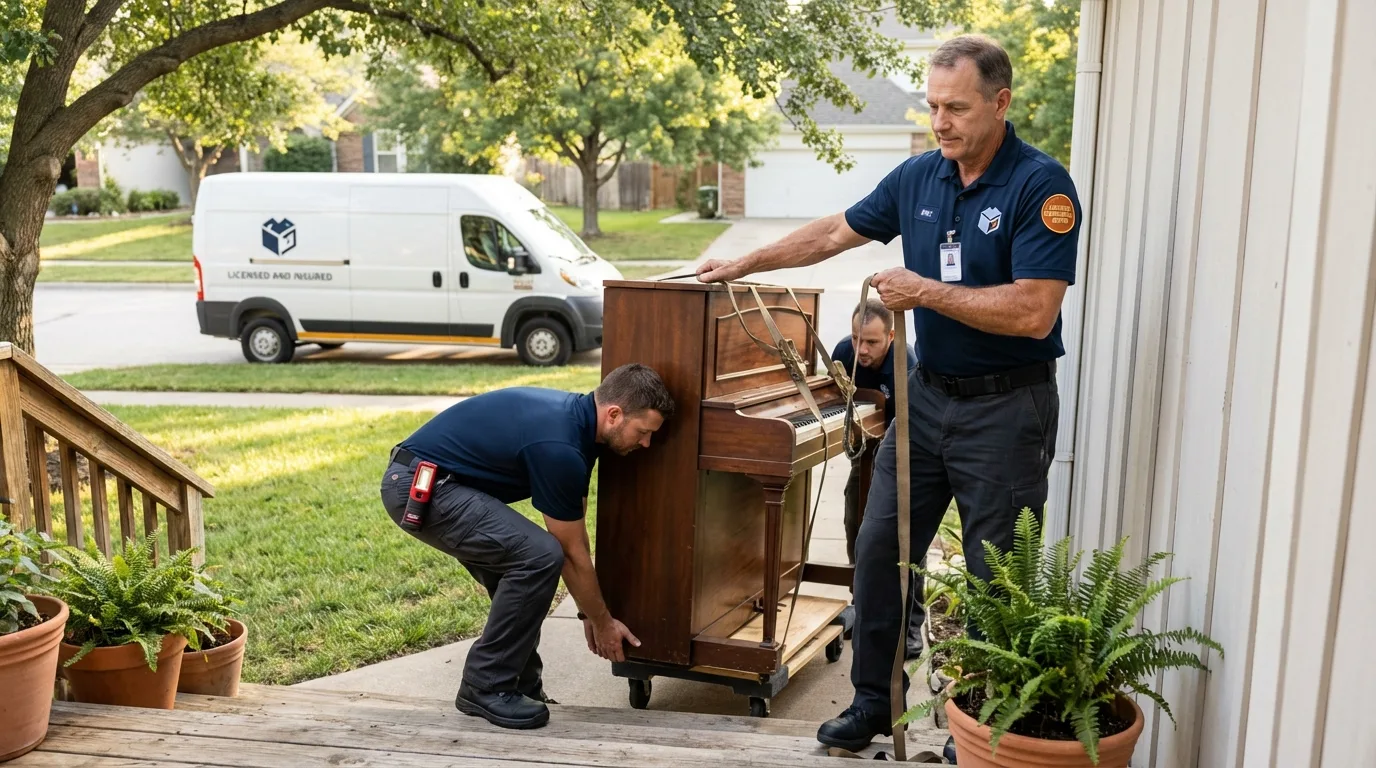 Licensed piano movers securing grand piano in Lancaster, NH
