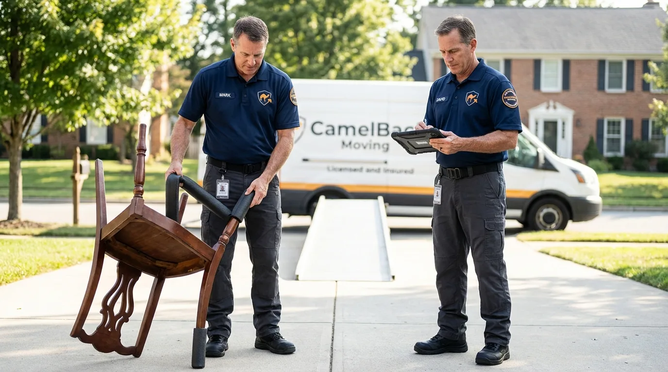 Movers inspecting furniture for damage prevention before loading in Lancaster, NH