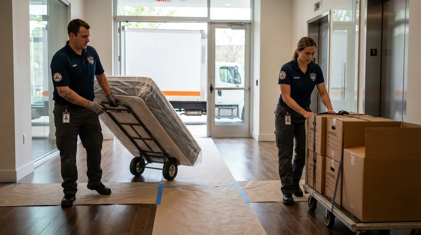 Professional apartment movers loading elevator in Lancaster, NH