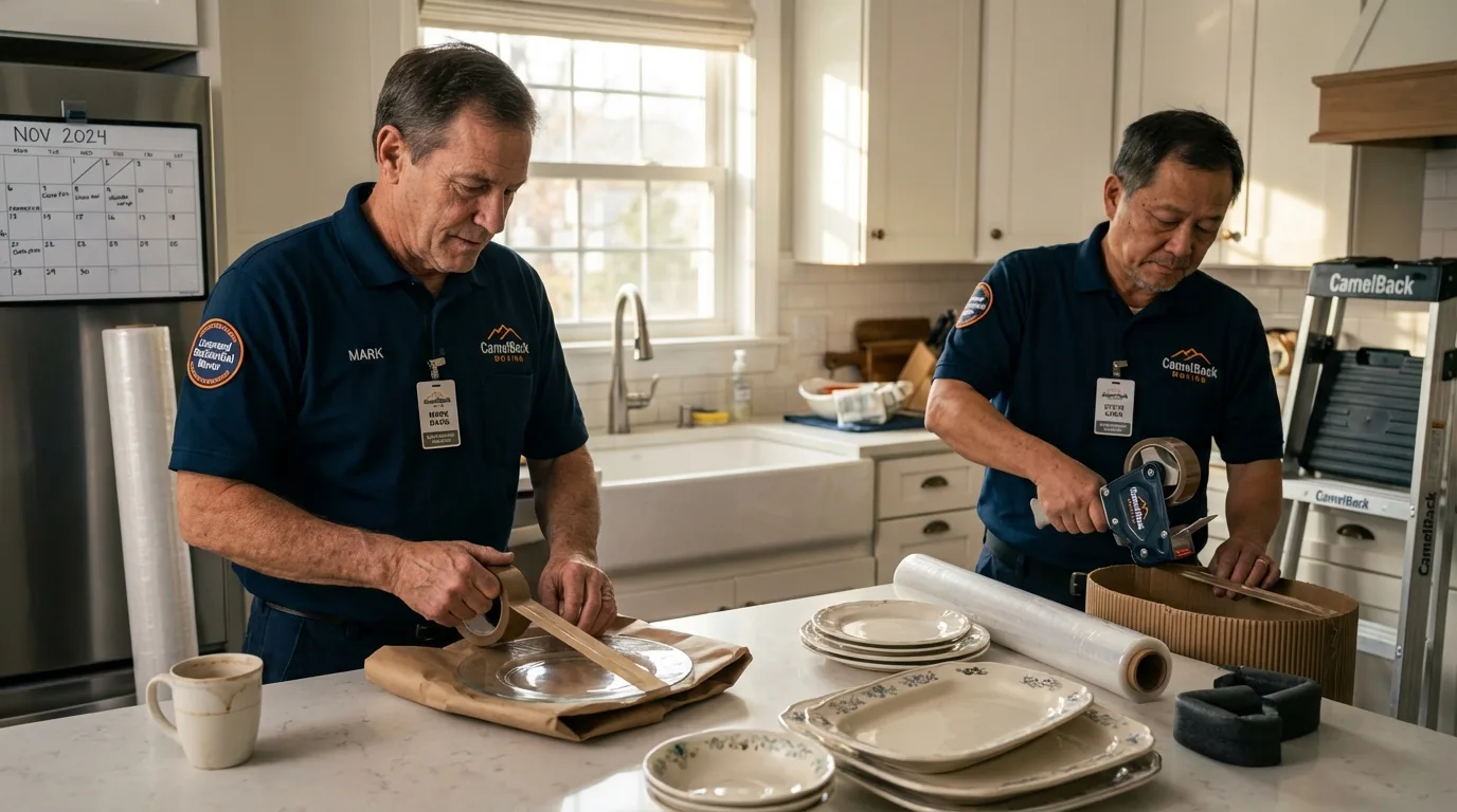 Professional crew packing kitchen dishware in Lancaster, NH